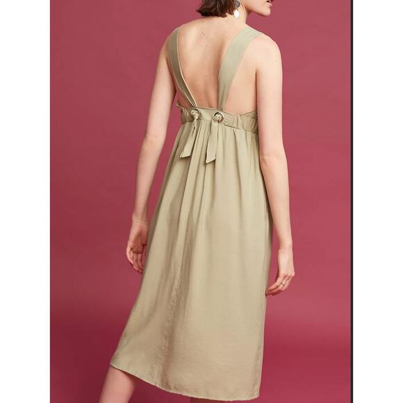 ANTHROPOLOGIE Adira Knotted Shoulder Sleeveless Cinch Back Midi Dress Sage 36/M - Picture 2 of 10